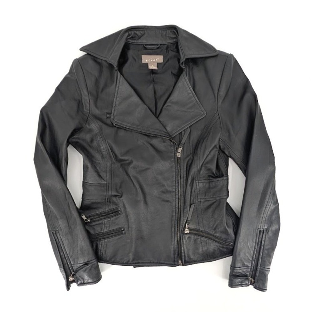 Kenar Womens Black Leather Moto Biker Jacket Asymmetric Zip Size 4 RN105664